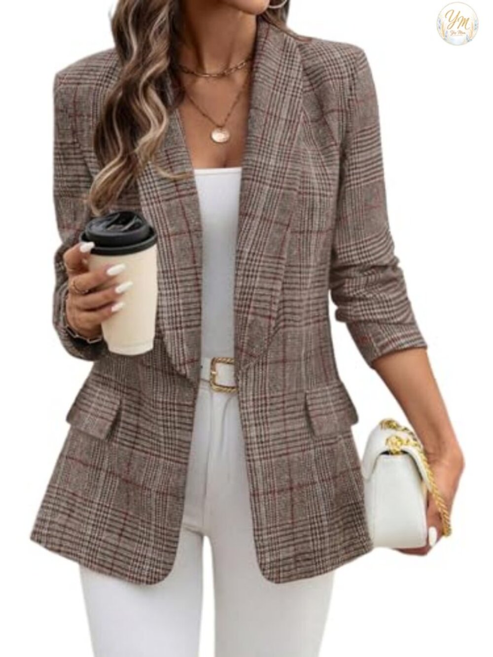 Women's Plaid Blazer Shawl Collar Business Casual Long Sleeve Pockets Polyester